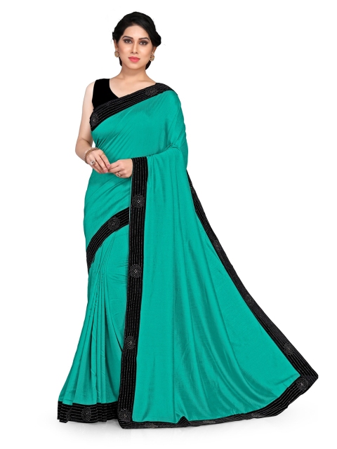 

KALINI Turquoise Blue & Black Beads and Stones Silk Blend Saree