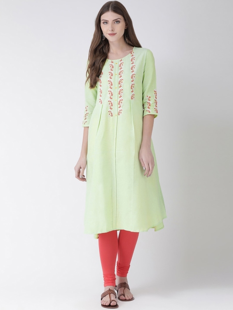 

Span Women Green & Red Ethnic Motifs Yoke Embroidered Pure Cotton A-line Kurta