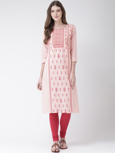 

Span Women Pink Floral Embroidered Straight Kurta