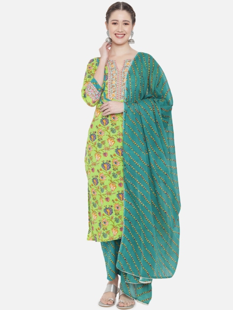 

Prakhya Women Green Floral Printed Pure Cotton Kurta Set With Dupatta