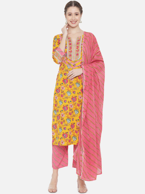 

Prakhya Women Yellow & Pink Floral Printed Pure Cotton Kurta With Palazzos & Dupatta
