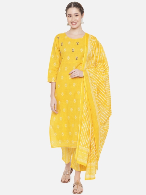 

Prakhya Women Yellow Beads and Stones Pure Cotton Kurta with Trousers & With Dupatta