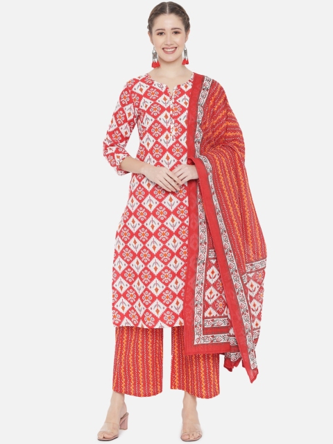 

Prakhya Women Red Printed Pure Cotton Kurta with Palazzos & Dupatta