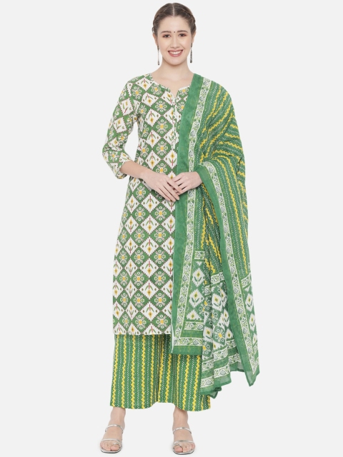 

Prakhya Women Green Ethnic Motifs Printed Pure Cotton Kurta With Palazzos & Dupatta