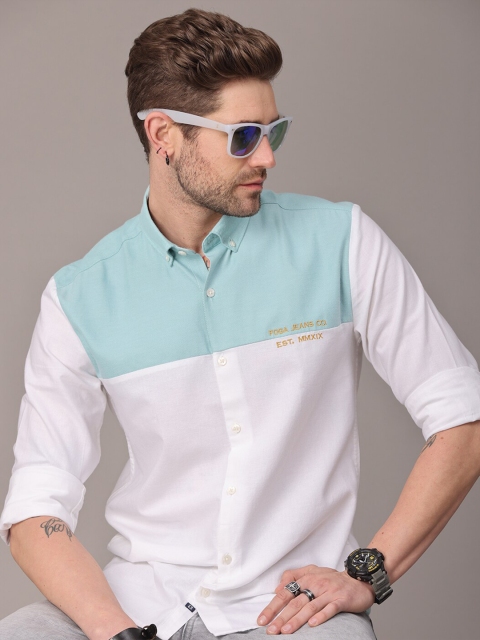 

FOGA Men Turquoise Blue Colourblocked Regular Fit Pure Cotton Casual Shirt