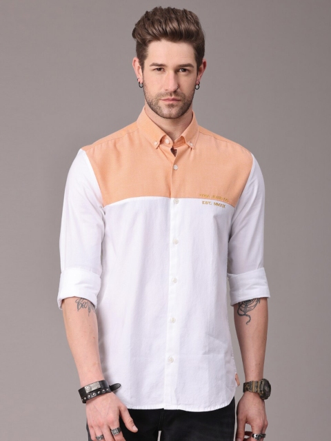 

FOGA Men Orange & White Colourblocked Pure Cotton Casual Shirt