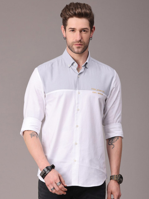 

FOGA Men Grey & White Oxford Colourblocked Cotton Casual Shirt