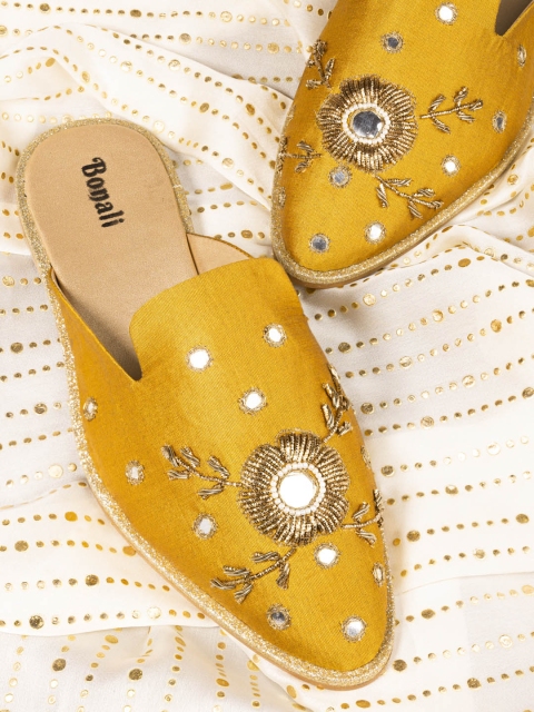 

BONALI Women Mustard Mirror Work Embellished Woven Design Mules