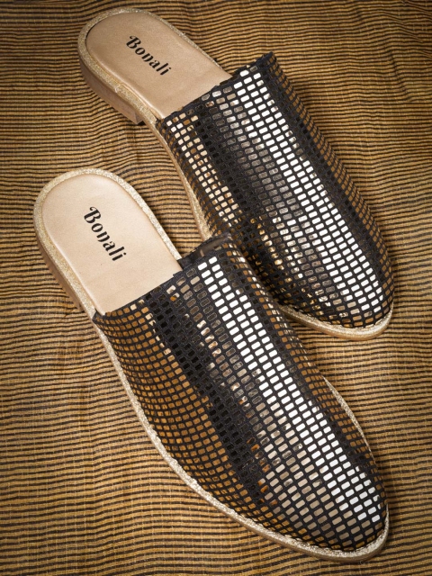 

BONALI Women Gold-Toned & Black Embellished Mules