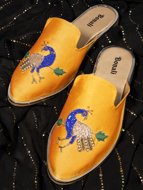 

BONALI Women Mustard Embellished Mules Flats
