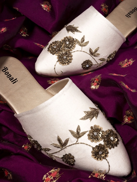 

BONALI Women Beige Thread Work Embellished Mules
