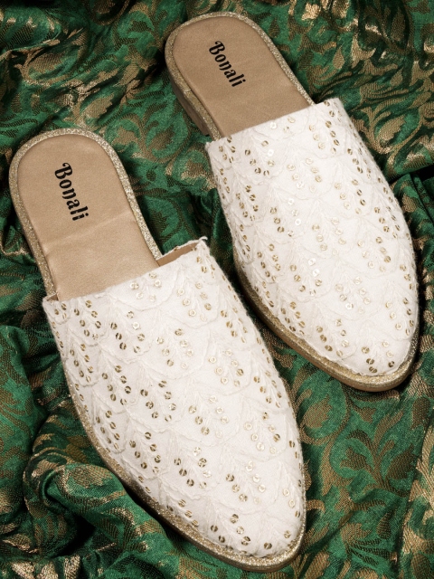 

BONALI Women Beige Woven Design Embellished Mules