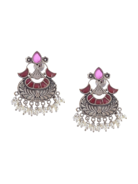 

Biba Silver-Toned & Red Contemporary Chandbalis Earrings