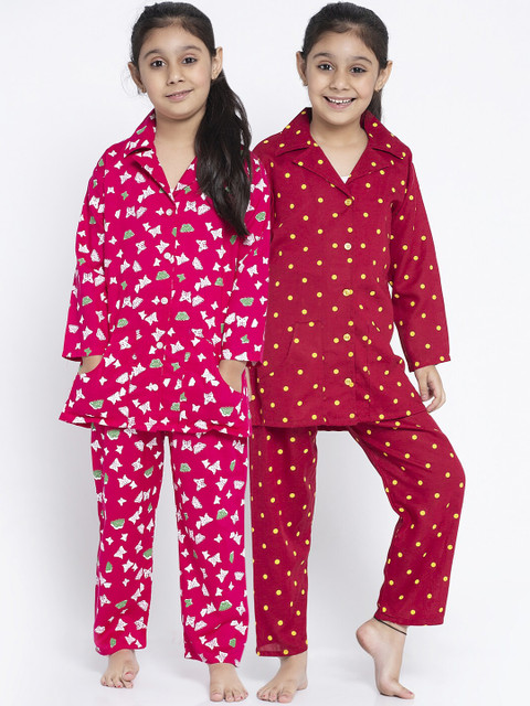 

KYDZI Girls Pack of 2 Red & Pink Printed Night suits