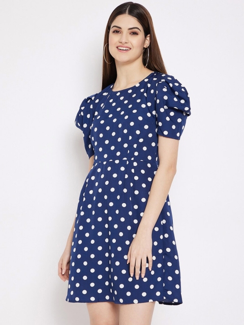 

STALK Navy Blue & White Polka Dots Crepe A-Line Dress