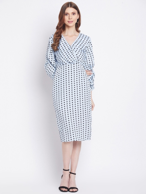 

STALK Blue & Black Polka Dots Printed Bell Sleeves Crepe Wrap Dress