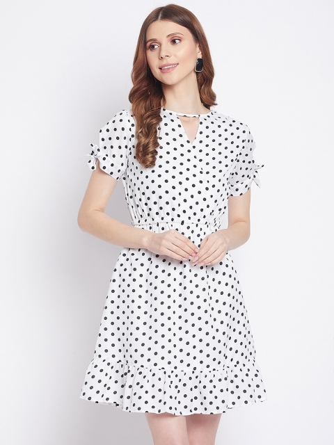 

STALK Women White Polka Dots Print Crepe Fit & Flare Dress