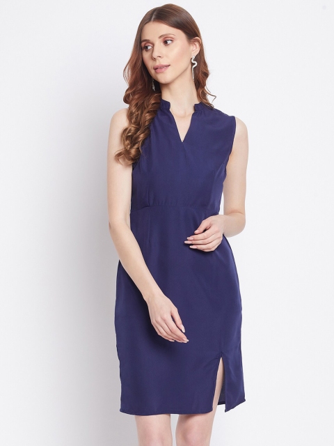 

STALK Navy Blue Solid Crepe Dress