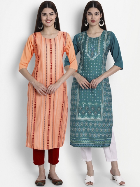 

1 Stop Fashion Women Pack of 2 Assorted Ethnic Motifs Printed Crepe Kurta