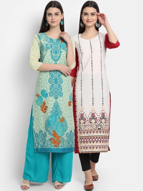 

1 Stop Fashion Women Multicoloured & Turquoise Blue Ethnic Motifs Printed Crepe Kurta, Multi