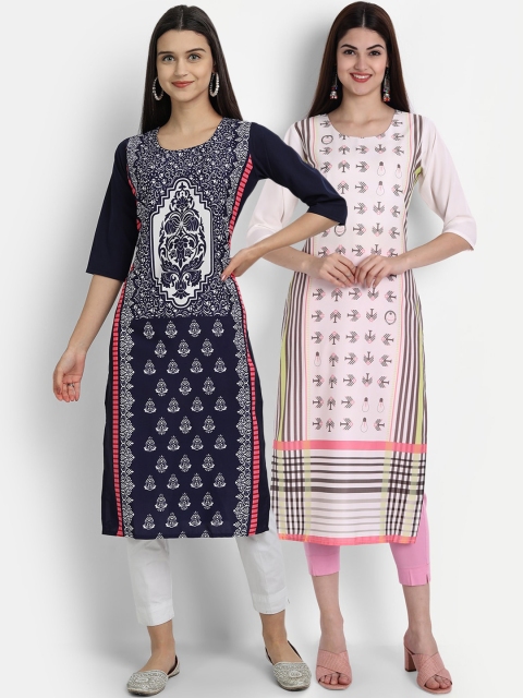 

1 Stop Fashion Women Set of 2 Multicolour Navy Blue & White Ethnic Motif Print Crepe Kurta, Multi