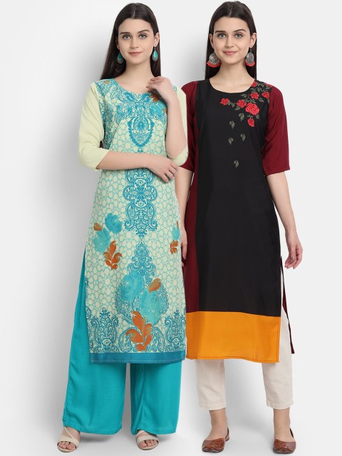 

1 Stop Fashion Women Pack Of 2 Assorted Printed Floral Crepe Kurta