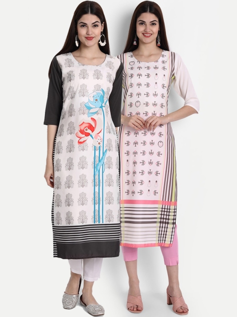 

1 Stop Fashion Women Set of 2 Multi-coloured Digital Printed Floral Crepe Kurta
