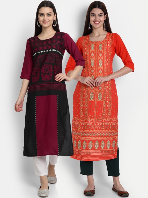 

1 Stop Fashion Women Pack of 2 Digital Print Straight Kurtas, Multi