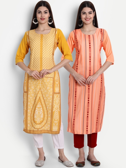 

1 Stop Fashion Women Pack of 2 Digital Print Straight Kurtas, Mustard