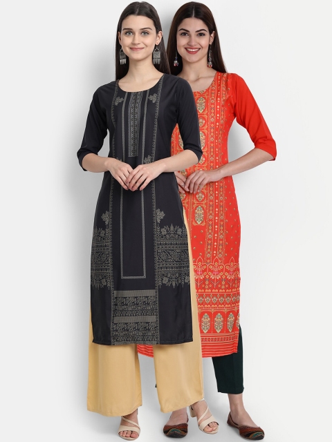 

1 Stop Fashion Women Pack of 2 Digital Print Straight Kurtas, Black