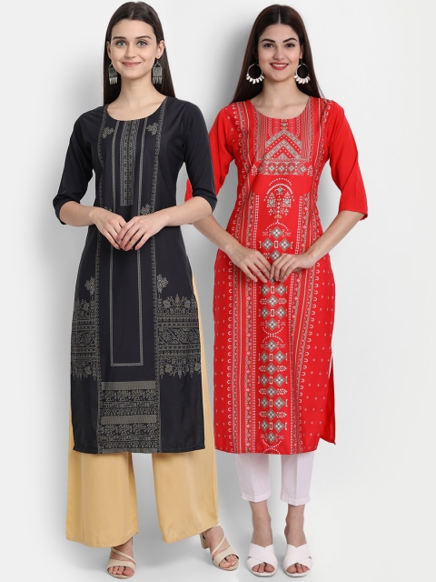 

1 Stop Fashion Women Pack of 2 Digital Print Straight Kurtas, Multi