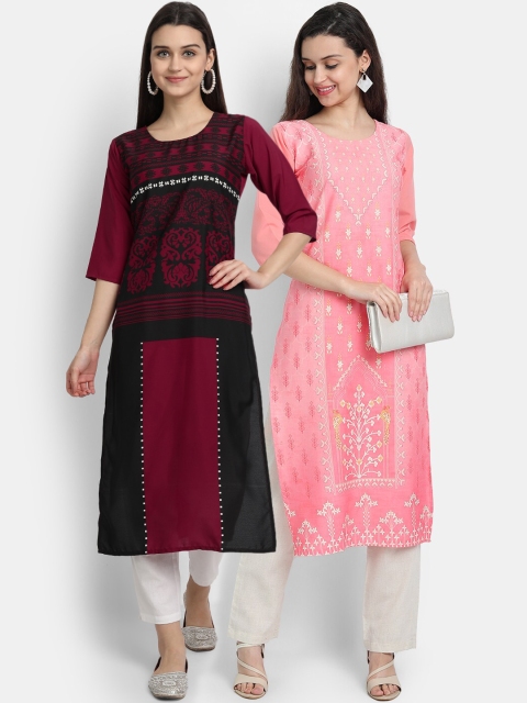 

1 Stop Fashion Women Pack of 2 Digital Print Straight Kurtas, Multi