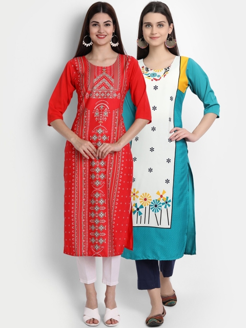 1 Stop Fashion Women Pack of 2 Digital Print Straight Kurtas, Multi