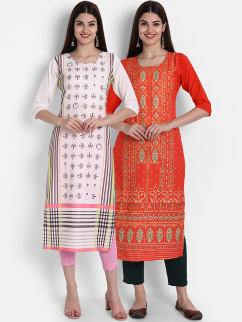 

1 Stop Fashion Women Pack of 2 Digital Print Straight Kurtas, Multi