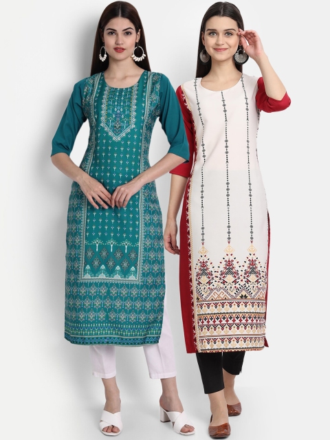 

1 Stop Fashion Women Pack of 2 Digital Print Straight Kurtas, Multi