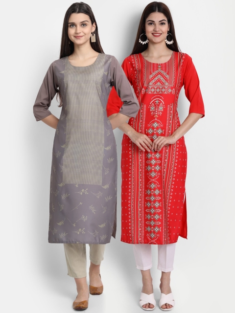 

1 Stop Fashion Women Pack of 2 Digital Print Straight Kurtas, Multi