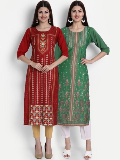 

1 Stop Fashion Women Pack of 2 Digital Print Straight Kurtas, Multi