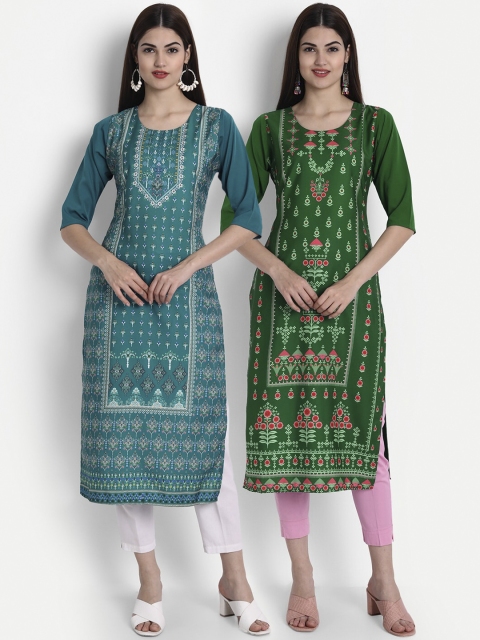 

1 Stop Fashion Women Pack of 2 Digital Print Straight Kurtas, Multi
