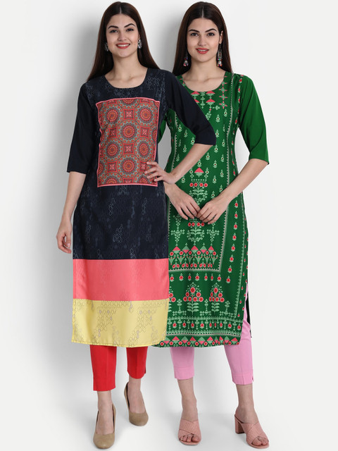 

1 Stop Fashion Women Pack of 2 Digital Print Straight Kurtas, Multi