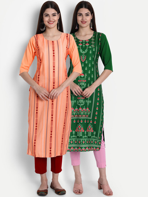 

1 Stop Fashion Women Pack of 2 Digital Print Straight Kurtas, Multi