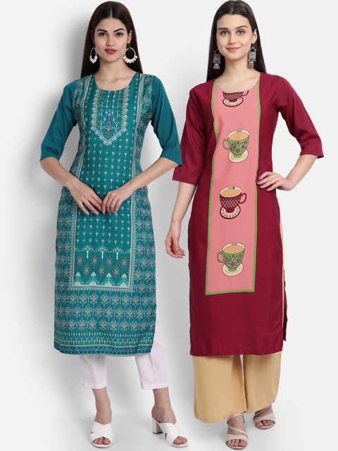 

1 Stop Fashion Women Pack of 2 Digital Print Straight Kurtas, Multi