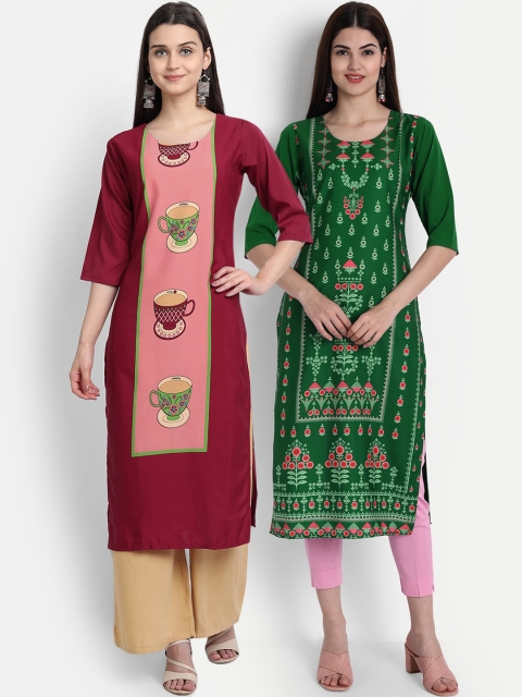 

1 Stop Fashion Women Pack of 2 Digital Print Straight Kurtas, Multi