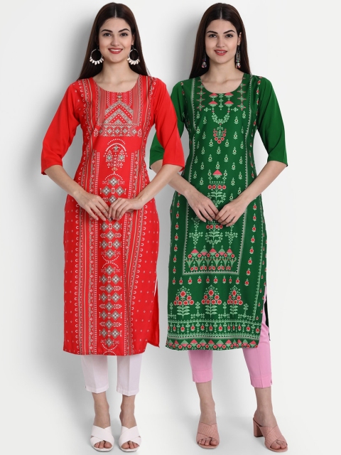 

1 Stop Fashion Women Pack of 2 Digital Print Straight Kurtas, Multi