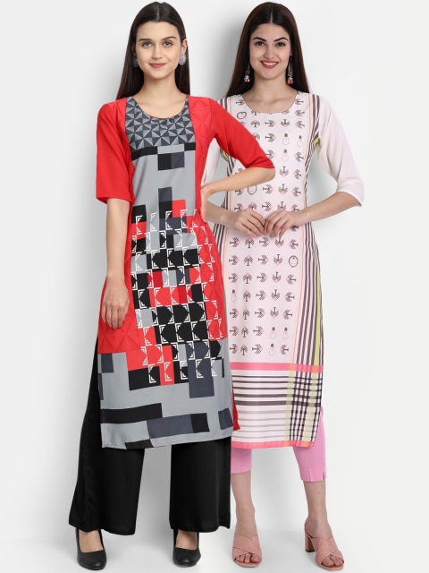 

1 Stop Fashion Women Pack of 2 Digital Print Straight Kurtas, Multi