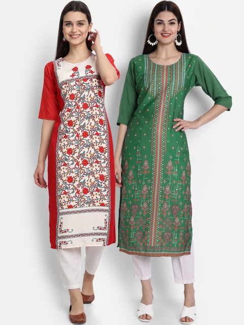 

1 Stop Fashion Women Pack of 2 Digital Print Straight Kurtas, Multi