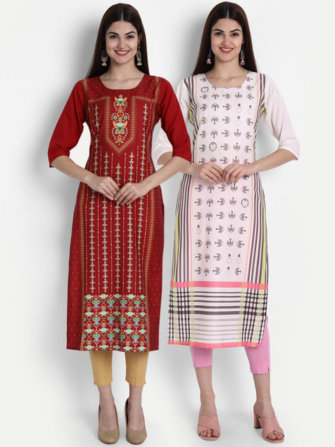 

1 Stop Fashion Women Pack of 2 Printed Kurtas, Maroon