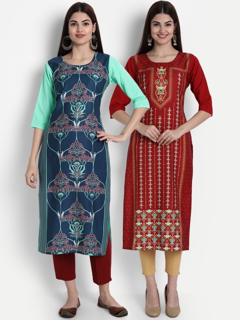 

1 Stop Fashion Women Pack of 2 Printed Kurtas, Maroon