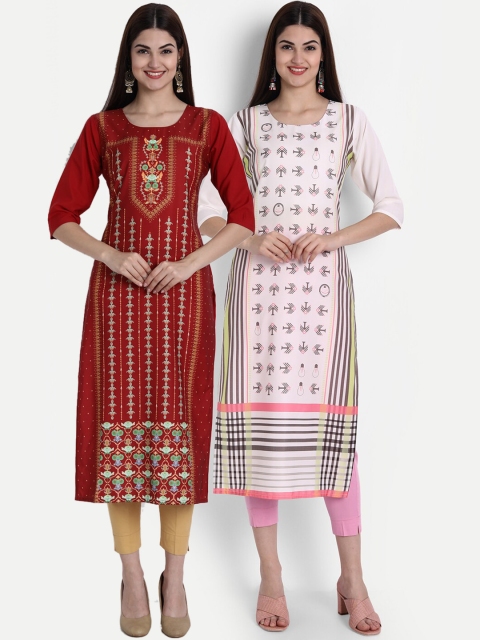 

1 Stop Fashion Women Pack of 2 Printed Kurtas, Maroon