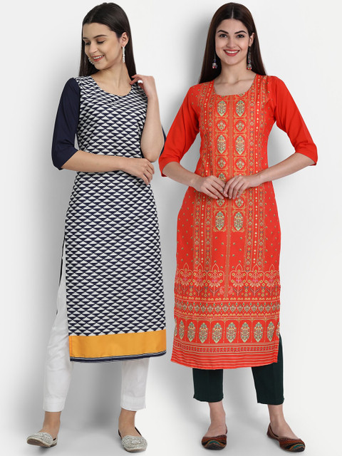 

1 Stop Fashion Women Pack of 2 Printed Kurtas, Orange
