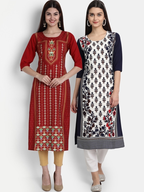 

1 Stop Fashion Women Pack of 2 Printed Kurtas, Maroon